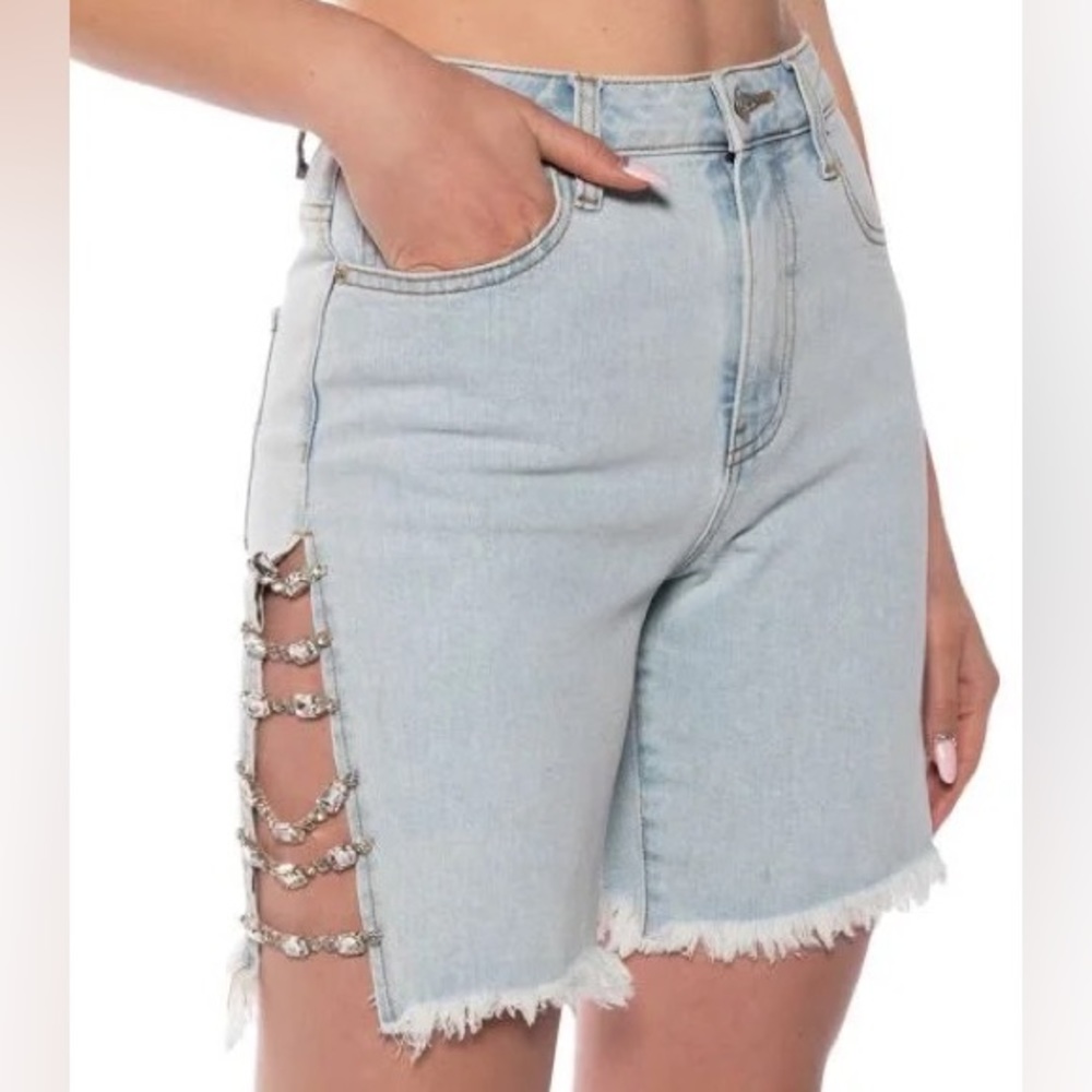 Rhinestone Split Denim Shorts